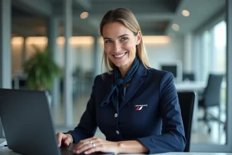 Hôtesse Air France consultant ses fiches de paie sur l'intranet depuis un ordinateur portable au bureau