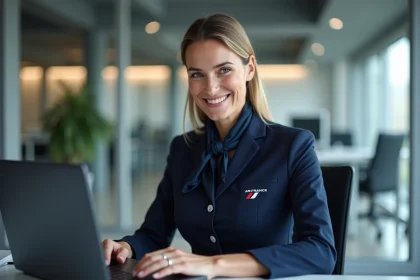Hôtesse Air France consultant ses fiches de paie sur l'intranet depuis un ordinateur portable au bureau
