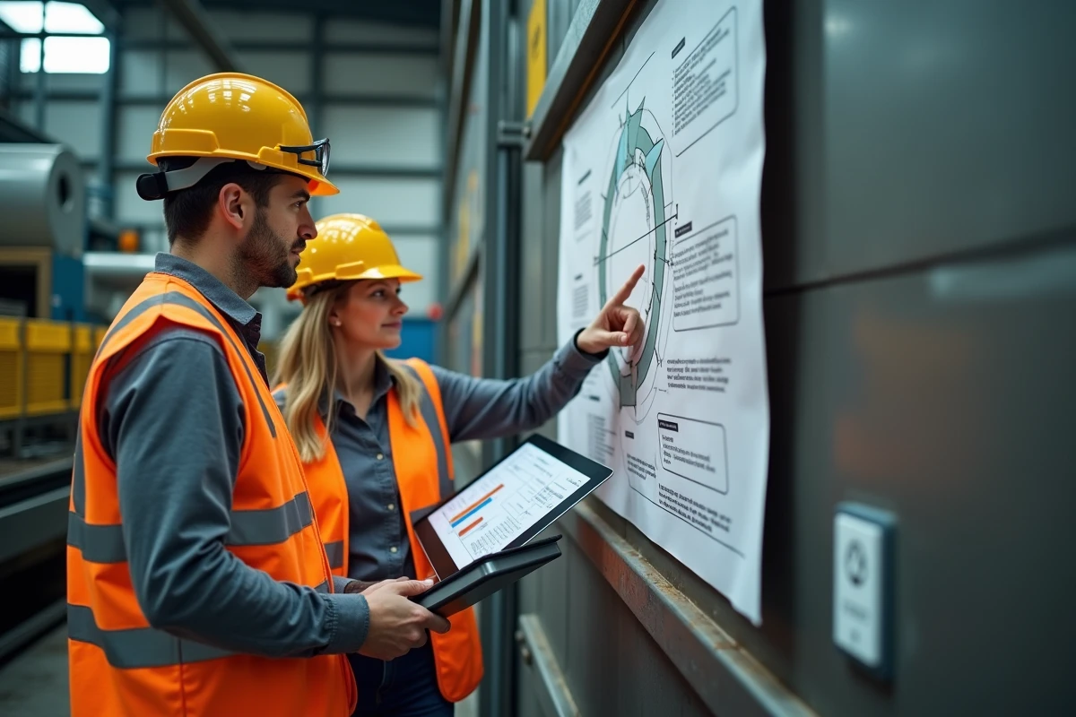 Ingénieur et chef de projet analysant un schéma de processus d'économie circulaire dans une usine de recyclage