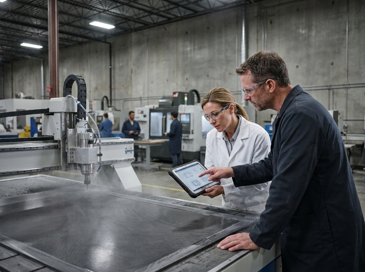 Deux ingénieurs spécialisés en matériaux composites analysant des plans techniques devant une machine CNC en atelier industriel