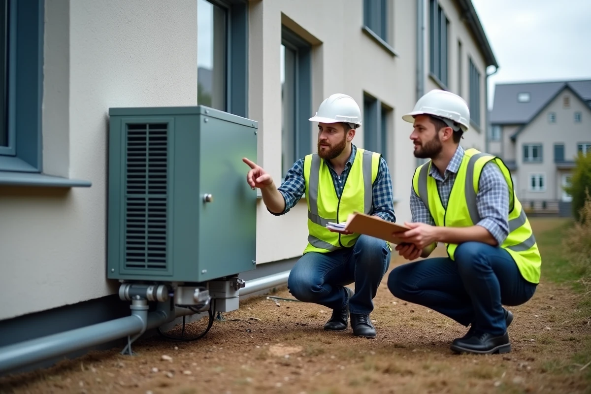 Deux ingénieurs inspectant une pompe à chaleur géothermique installée dans une maison basse consommation neuve lors d'une visite de chantier