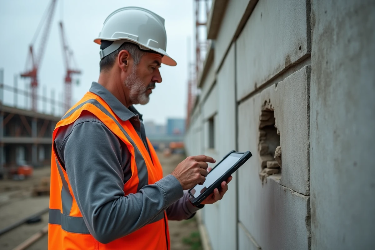 Inspecteur de chantier documentant des dommages structurels avec une tablette pour constituer des preuves photos automatisées et géolocalisées