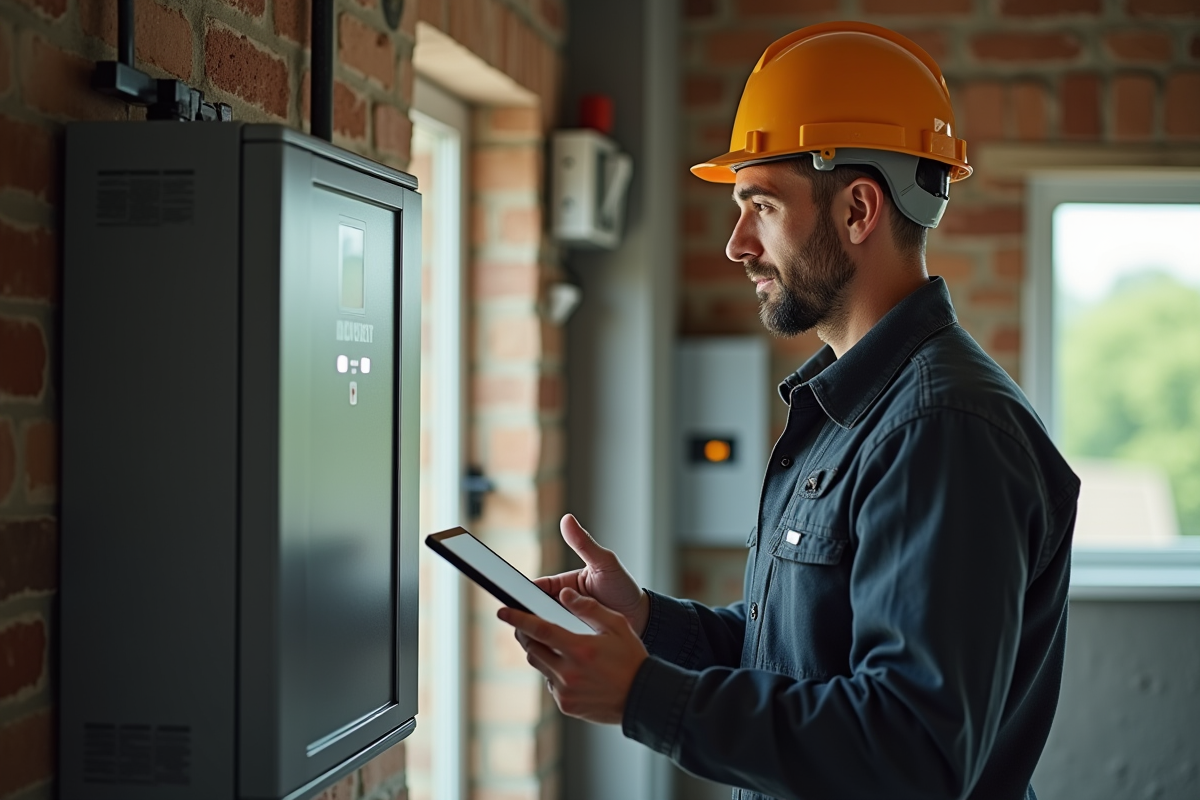 Homme en tenue de travail inspectant une batterie domestique