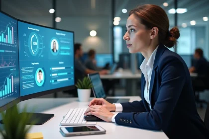 Professionnelle en bureau utilisant un tableau de bord numérique intégrant plusieurs outils digitaux connectés