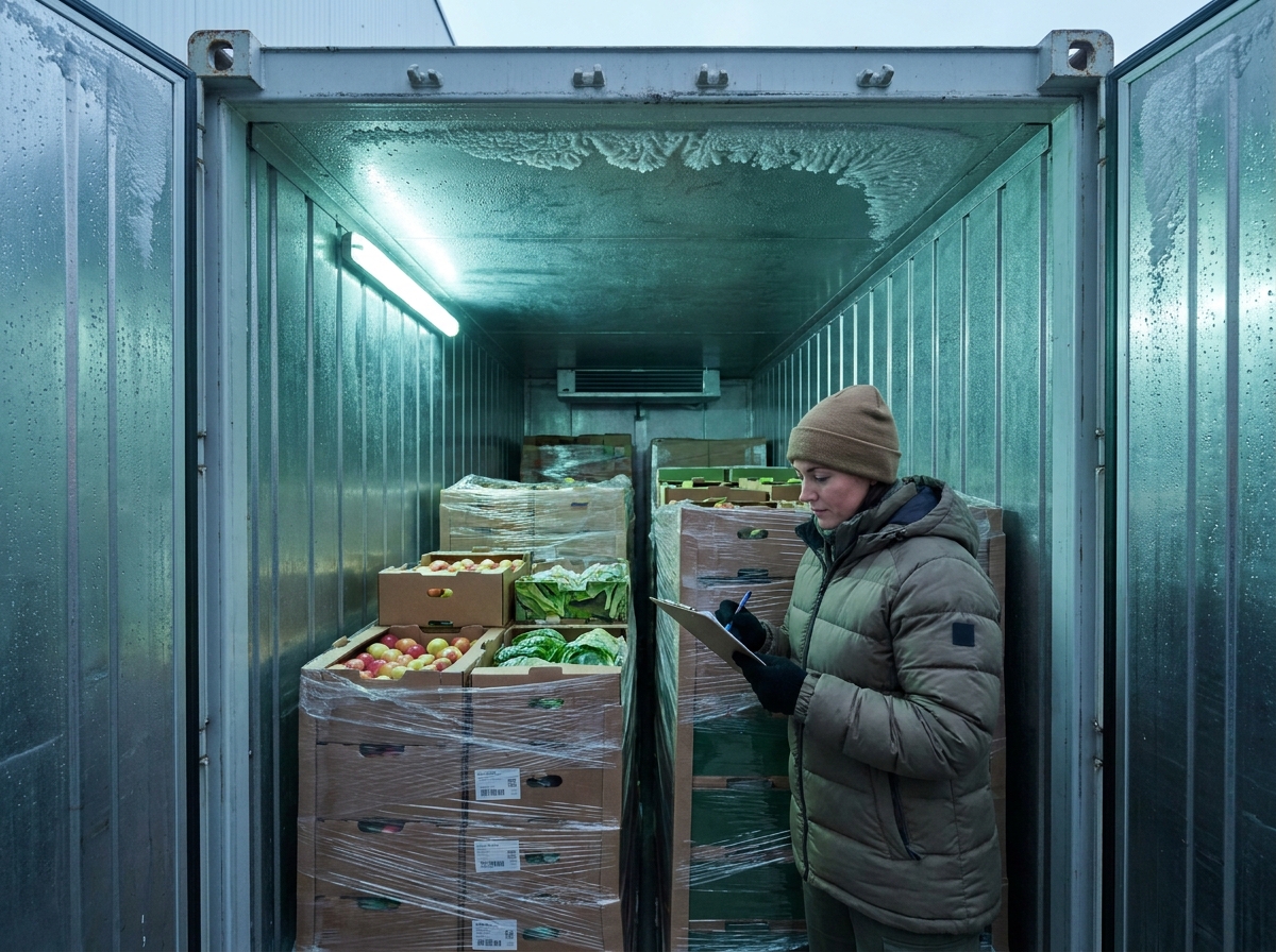 Intérieur d'un conteneur frigorifique rempli de caisses de produits frais avec condensation sur les parois en acier