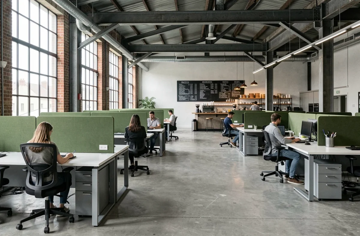 Vue intérieure d'un espace de coworking industriel à Brest avec postes de travail ergonomiques et ambiance professionnelle