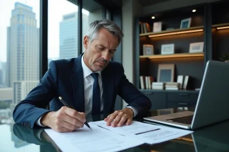 Homme d'affaires en costume examine des documents juridiques