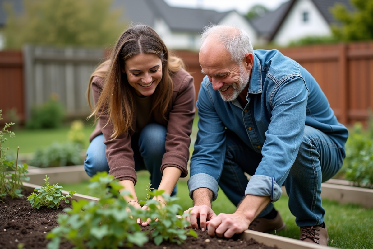 Femme et homme travaillant dans un jardin communautaire