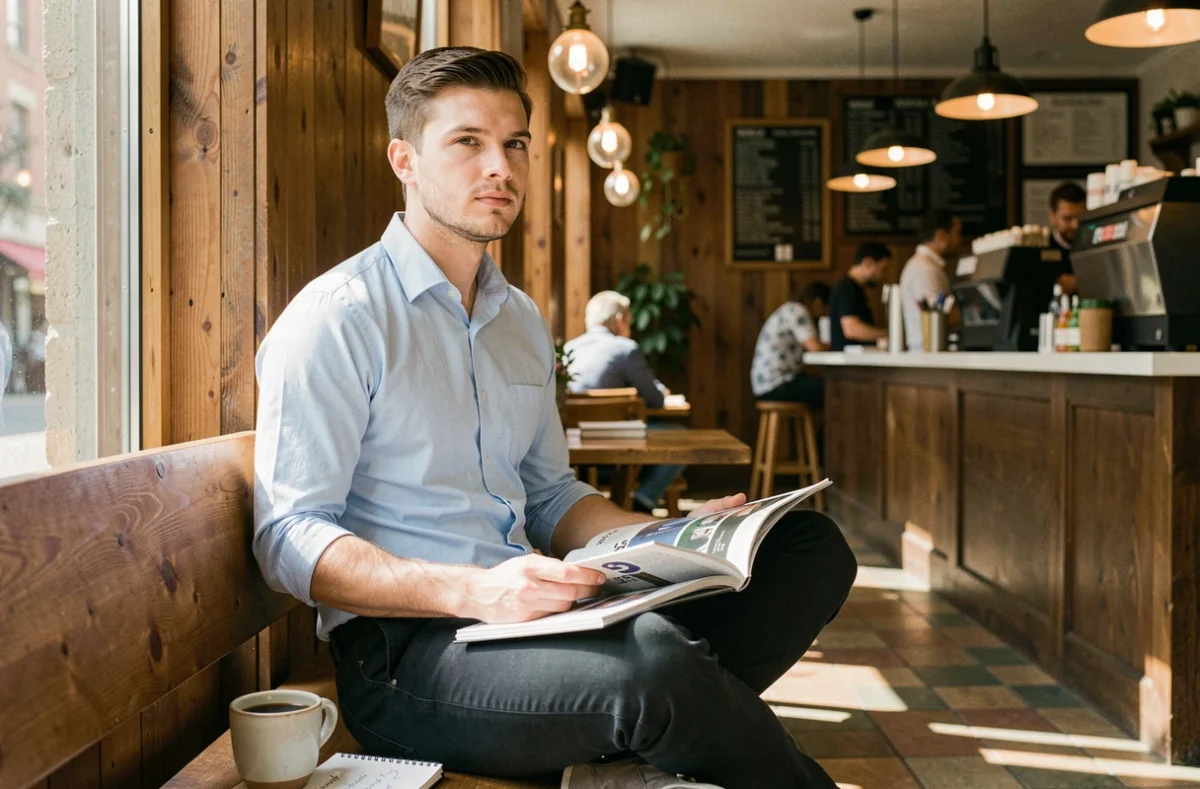 Jeune entrepreneur lisant un magazine business et prenant des notes dans un café urbain pour développer son projet