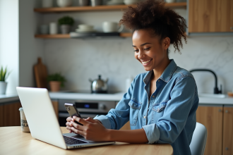 Jeune femme souriante vérifiant ses analyses sur un laptop dans une cuisine lumineuse