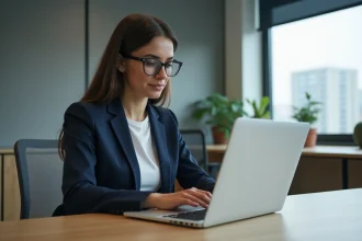 Jeune femme professionnelle en bureau moderne travaillant sur son ordinateur