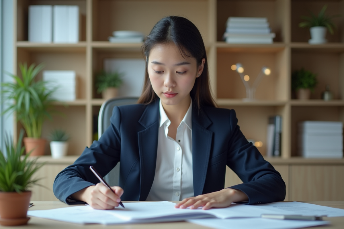 Jeune femme en costume dans un bureau moderne