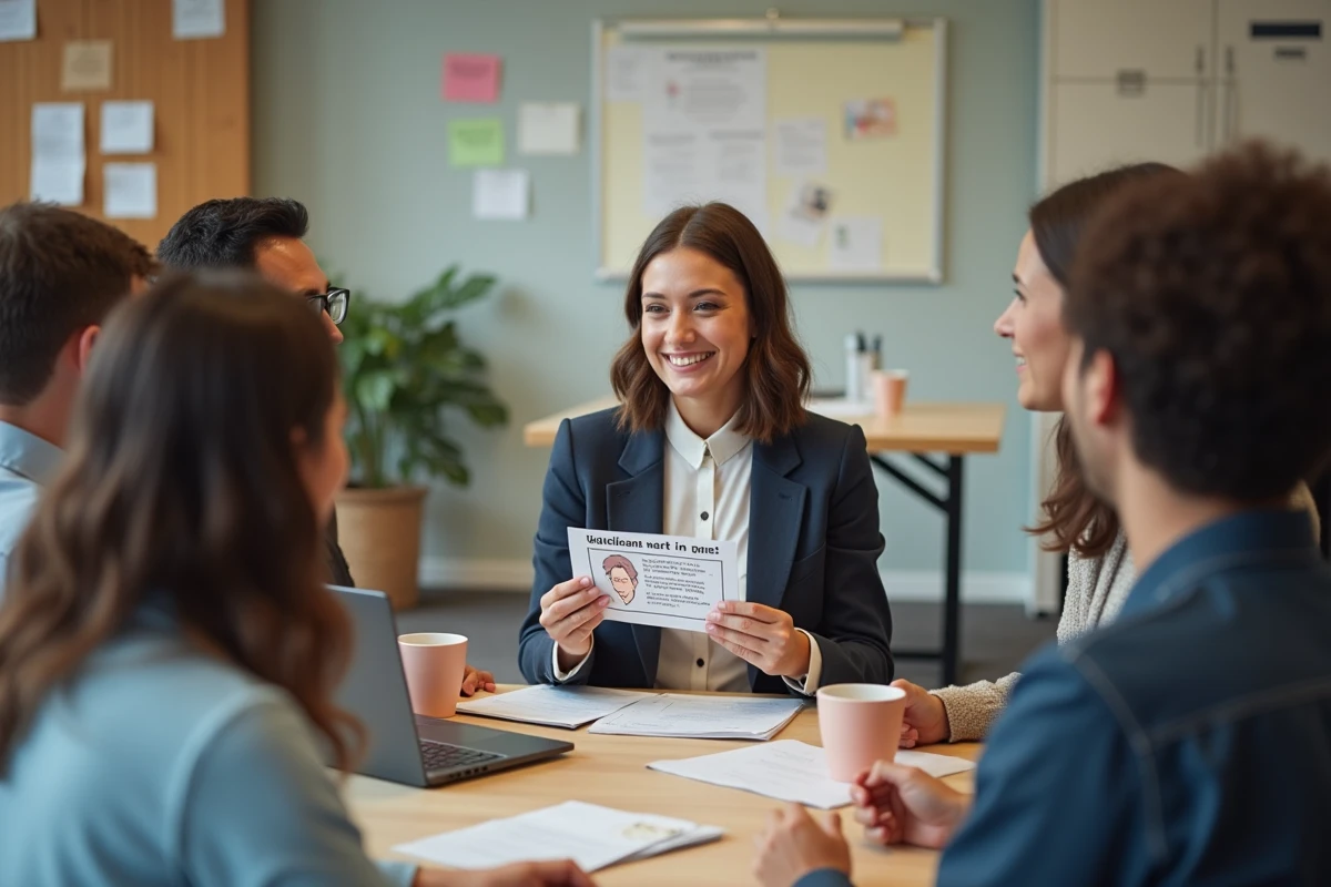Jeune femme riant avec collègues partageant un cartoon