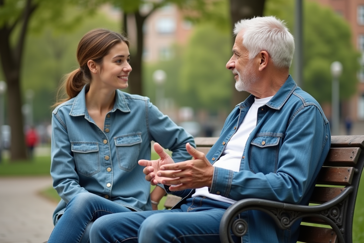 Jeune femme écoute un homme âgé sur un banc de parc