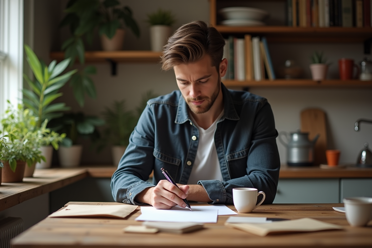 Jeune homme écrivant une lettre dans une cuisine chaleureuse