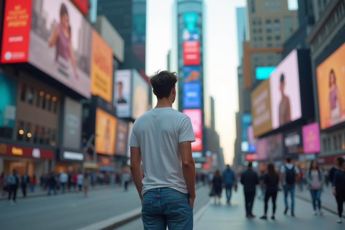 Jeune homme regardant des panneaux publicitaires en ville