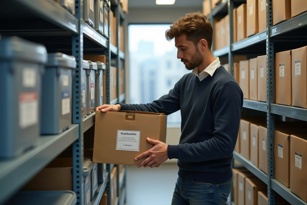 Jeune homme rangeant des documents dans une armoire sécurisée