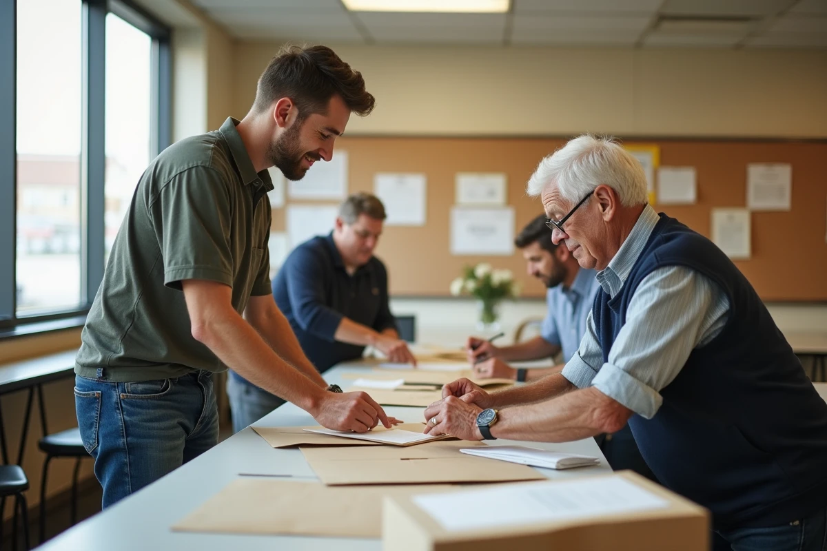 Jeune homme collabore avec bénévoles pour plier des lettres
