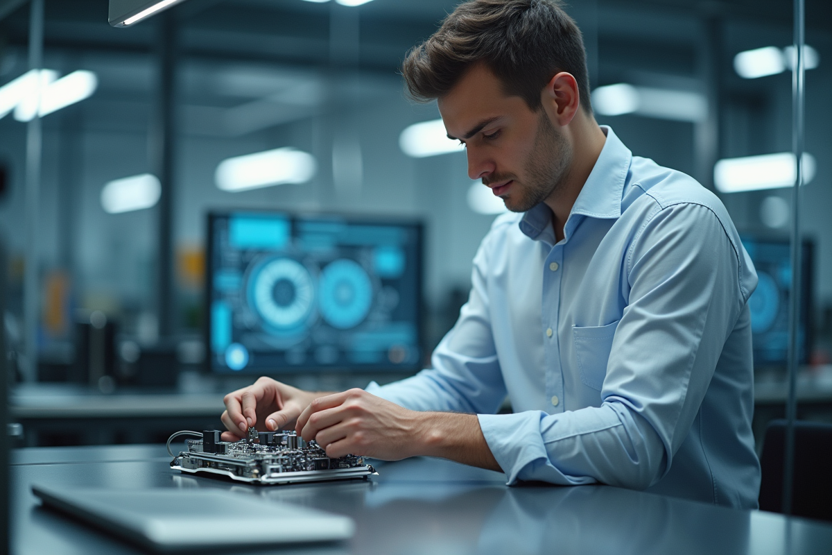 Jeune ingénieur assemblant un prototype dans un laboratoire moderne