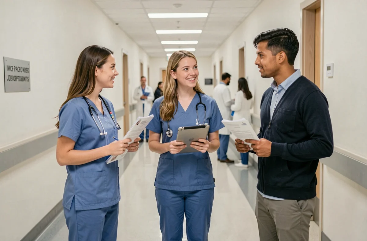 Groupe de jeunes médecins discutant de leurs options de recrutement dans un couloir d'hôpital moderne, comparant les offres d'un cabinet généraliste et d'une plateforme spécialisée