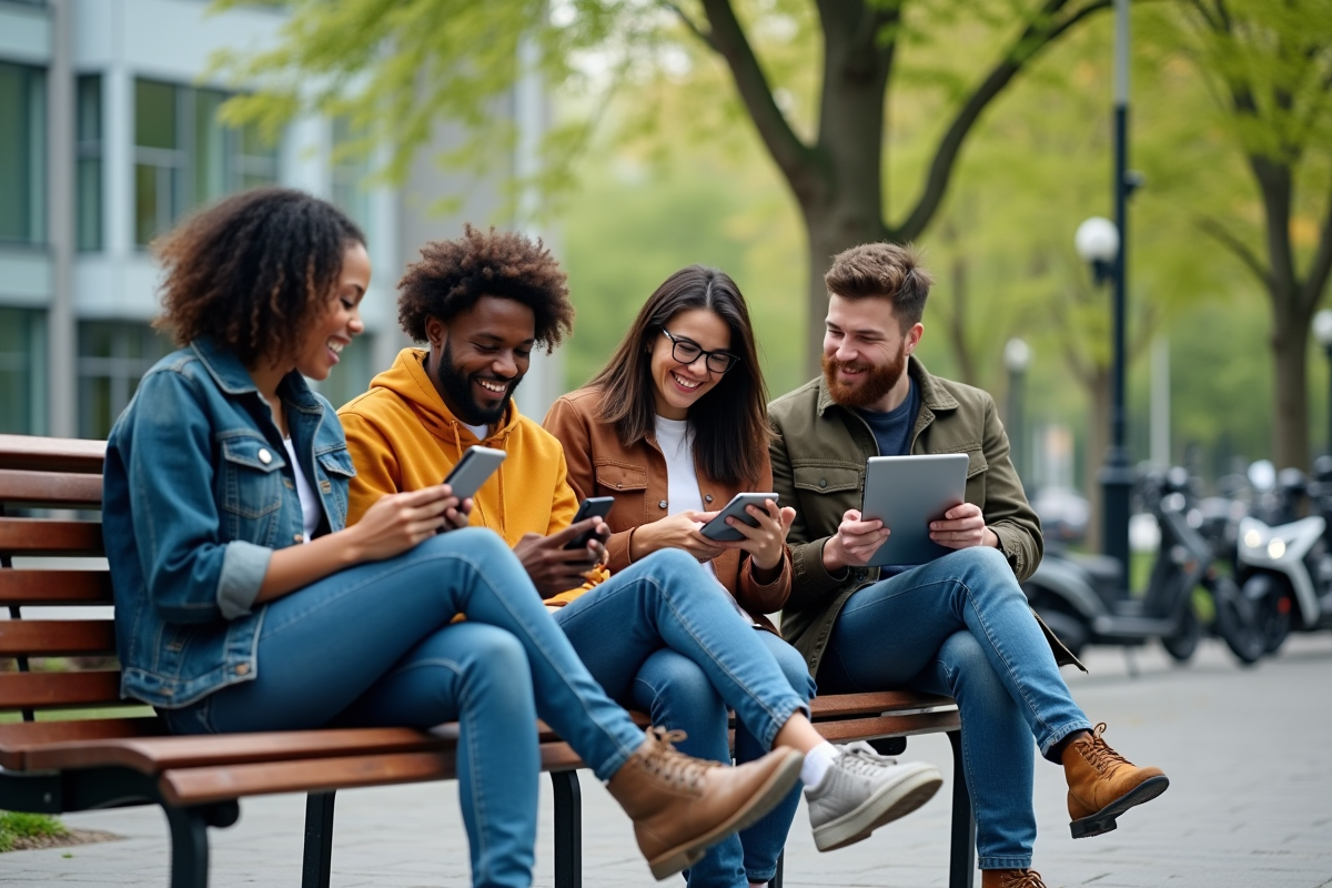 Groupe de jeunes urbains utilisant leurs smartphones en plein air