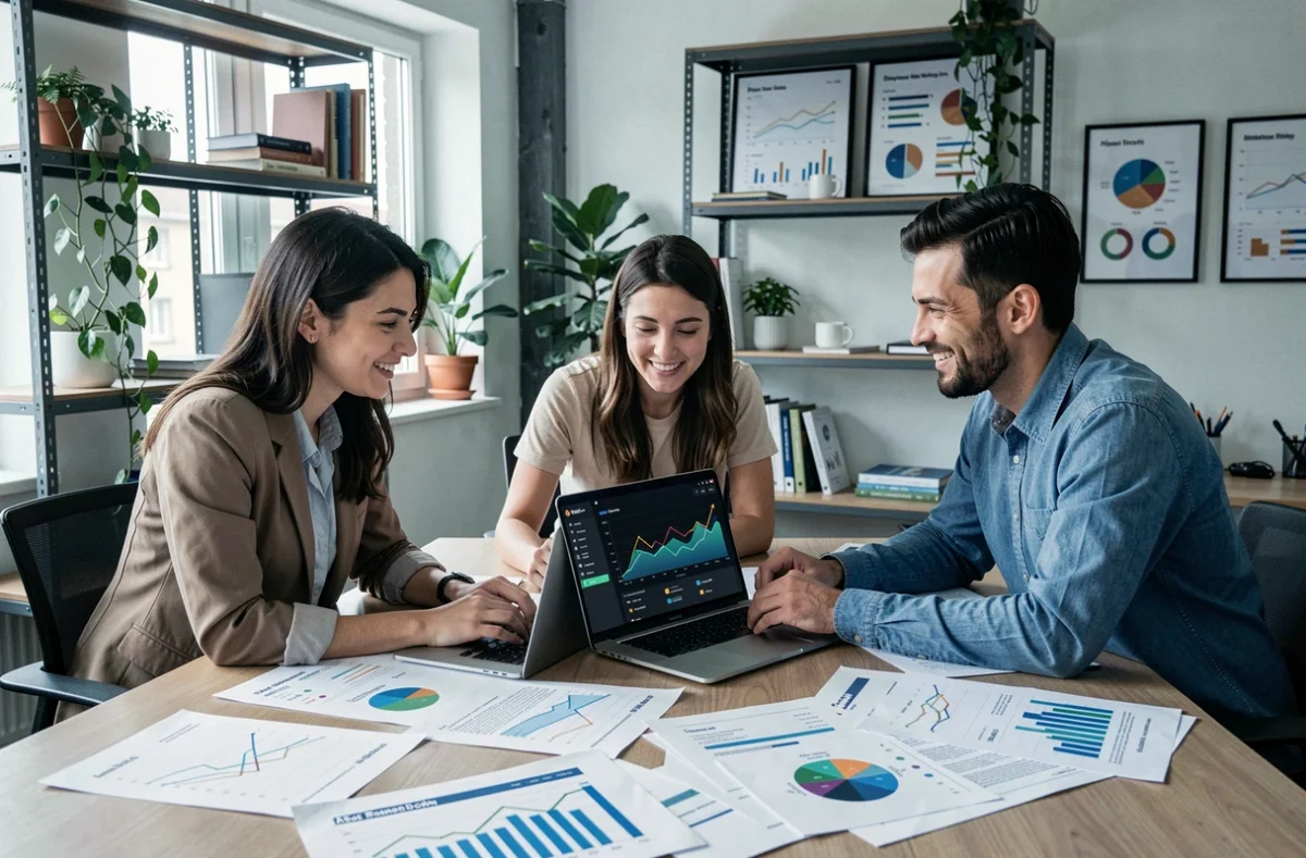 Équipe de l'agence Junto analysant des données de performance pour optimiser un site web en Isère