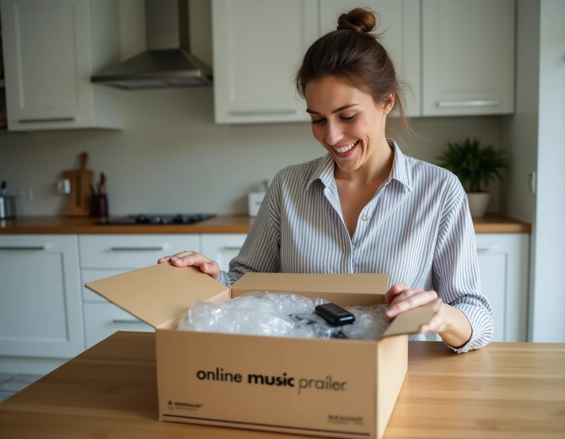 Femme inspectant une commande livrée par Thomann dans une cuisine moderne