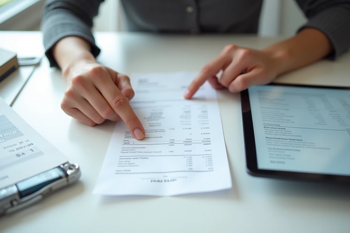 Mains consultant et comparant un bulletin de salaire papier avec une archive numérique sur tablette