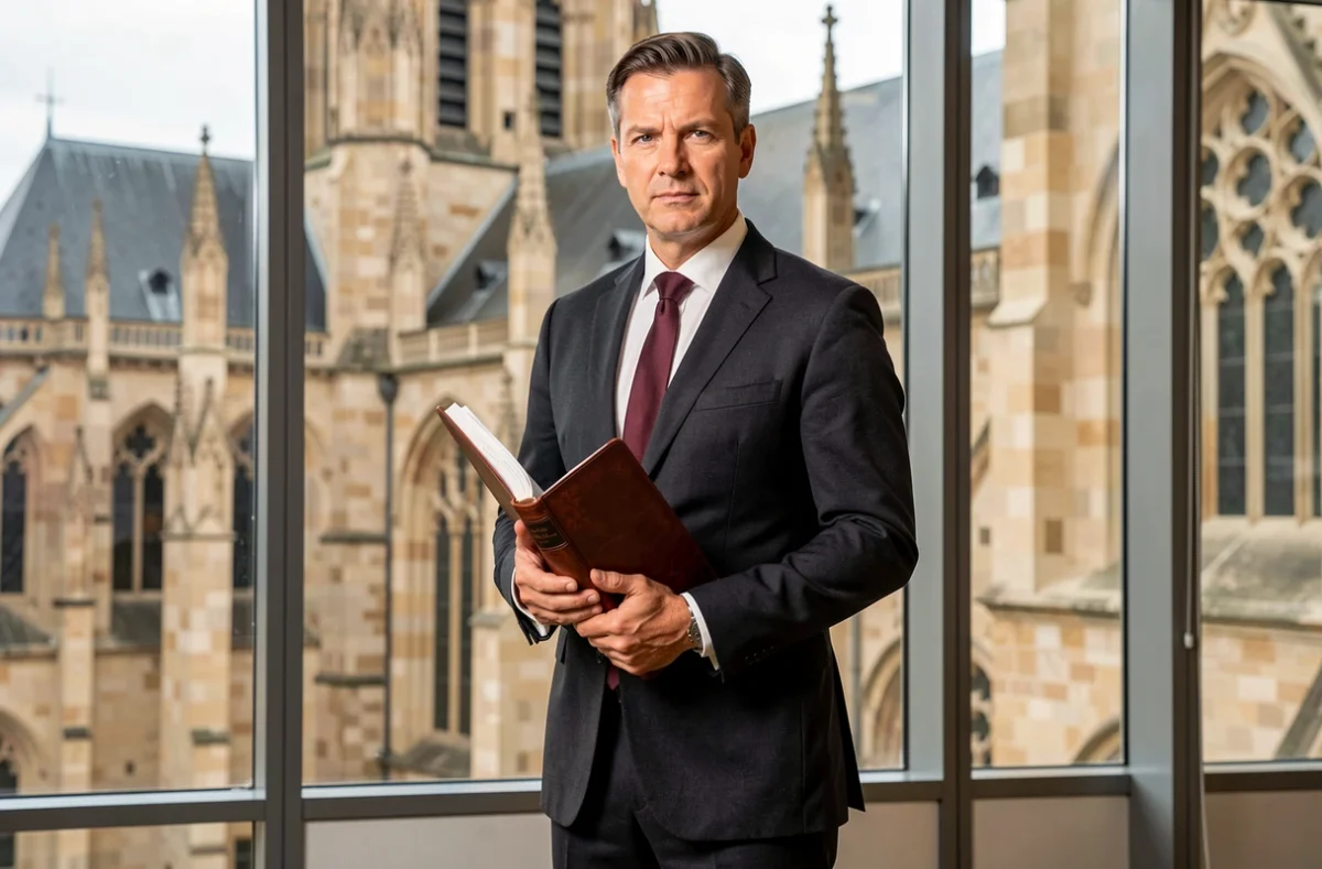 Maître Florent Kahn, avocat d'affaires au barreau de Metz, tenant un dossier juridique devant la cathédrale de Metz en arrière-plan