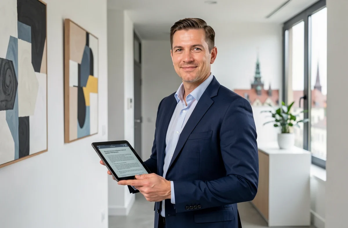 Maître Nicolas Clausmann, avocat d'affaires au barreau de Strasbourg, dans le hall moderne de son cabinet avec tablette numérique