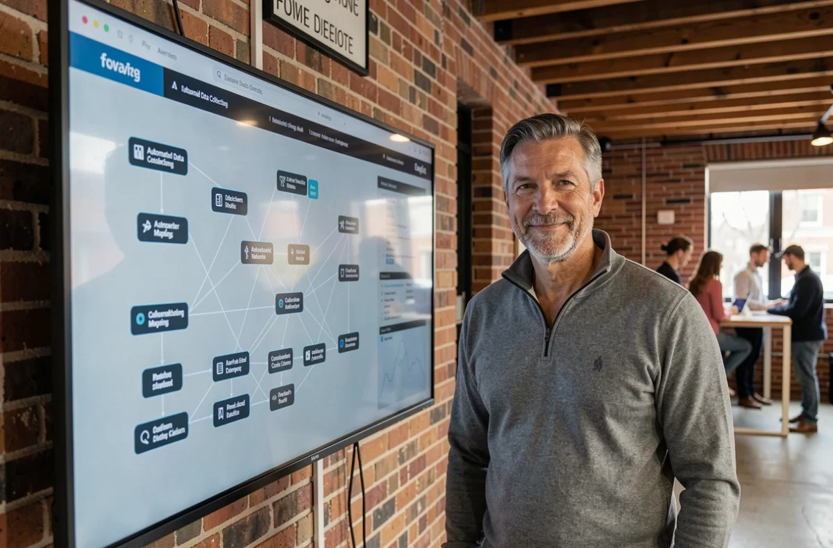Manager présentant un diagramme d'automatisation de collecte de données pour analyse concurrentielle sur écran tactile