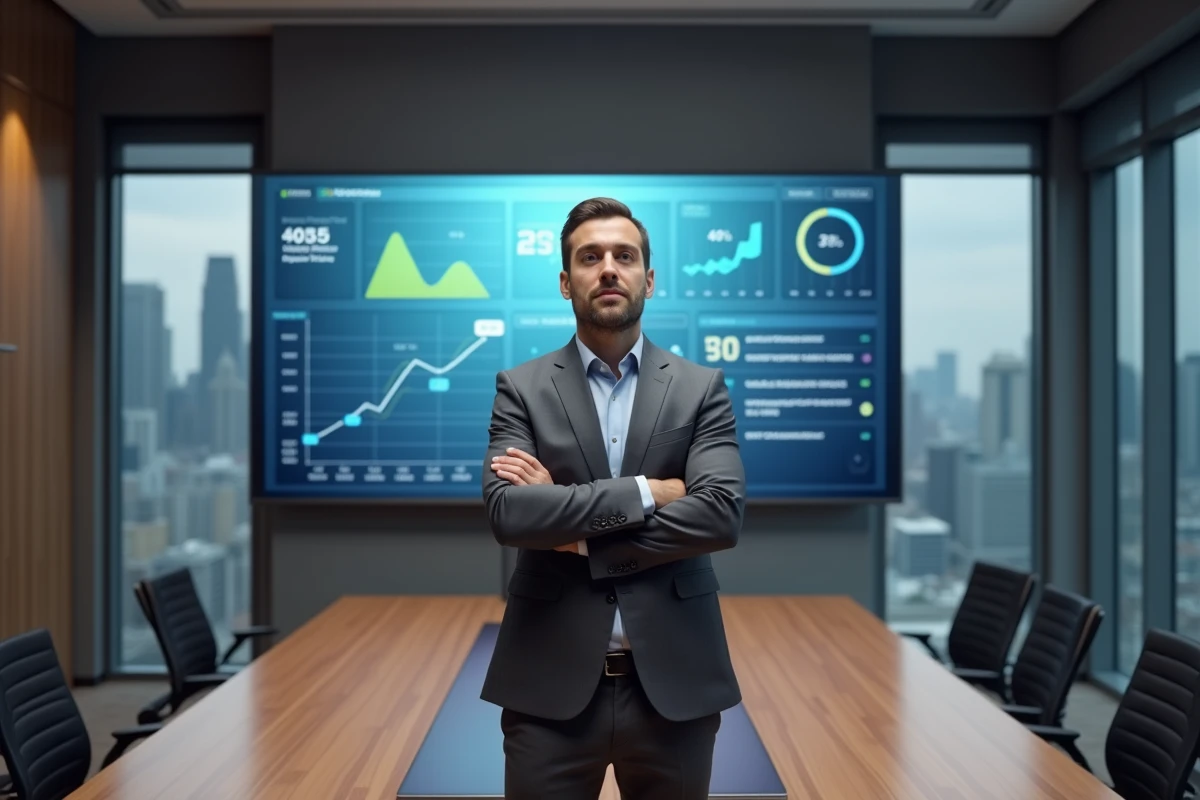 Manager commercial debout devant un tableau de bord de carrière B2B en salle de réunion