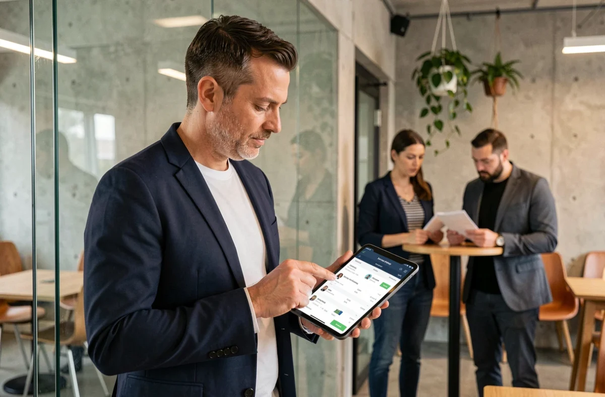 Manager consultant une application de suivi du temps et des présences sur tablette dans un espace de travail moderne