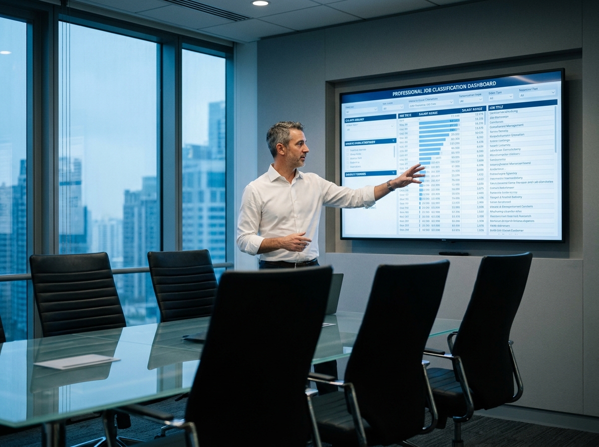 Manager consultant un tableau de bord des métiers et salaires sur un grand écran en salle de réunion d'entreprise