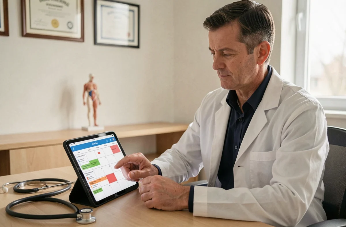Médecin généraliste consultant son agenda numérique sur tablette pour optimiser ses créneaux de consultation