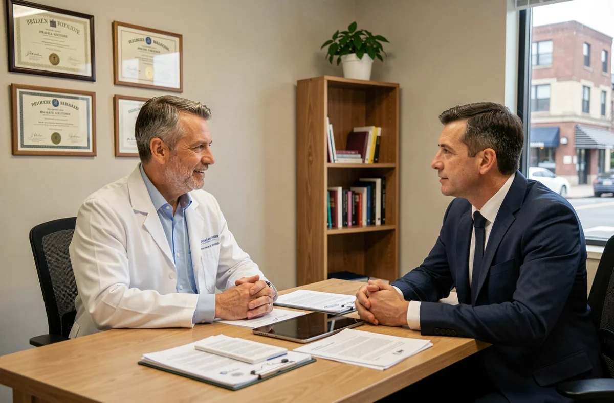 Médecin généraliste en consultation avec un recruteur spécialisé dans un cabinet médical, discussion autour d'une opportunité professionnelle