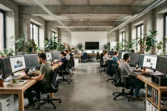 Vue d'ensemble d'une agence de création de sites internet en Isère avec des designers travaillant sur des maquettes web