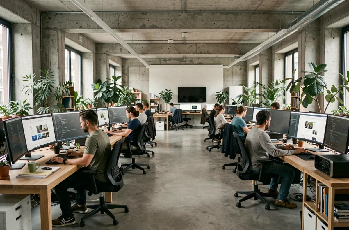 Vue d'ensemble d'une agence de création de sites internet en Isère avec des designers travaillant sur des maquettes web