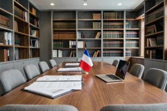 Bureau d'avocat d'affaires moderne dans le Grand Est avec table de conférence, classeurs juridiques et bibliothèque de droit en arrière-plan
