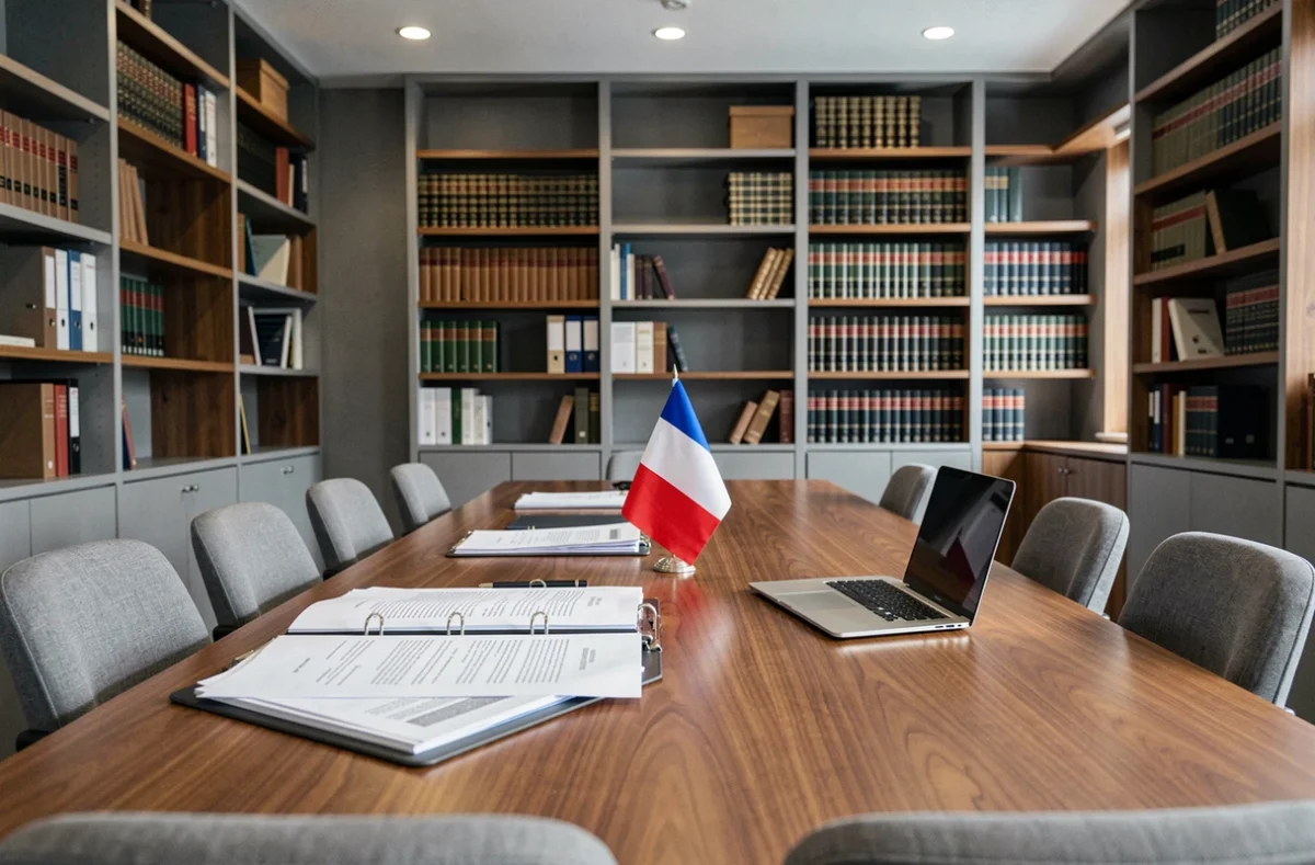 Bureau d'avocat d'affaires moderne dans le Grand Est avec table de conférence, classeurs juridiques et bibliothèque de droit en arrière-plan