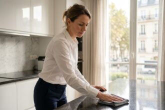 Femme de ménage professionnelle nettoyant le plan de travail d'une cuisine moderne dans un appartement de Rueil-Malmaison