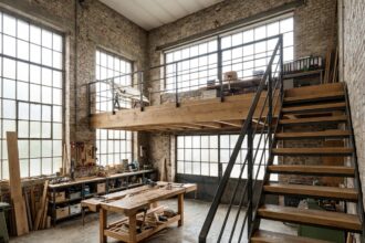 Atelier réaménagé avec une mezzanine en bois brut et garde-corps en acier, offrant un espace bureau en hauteur et un plan de travail en dessous
