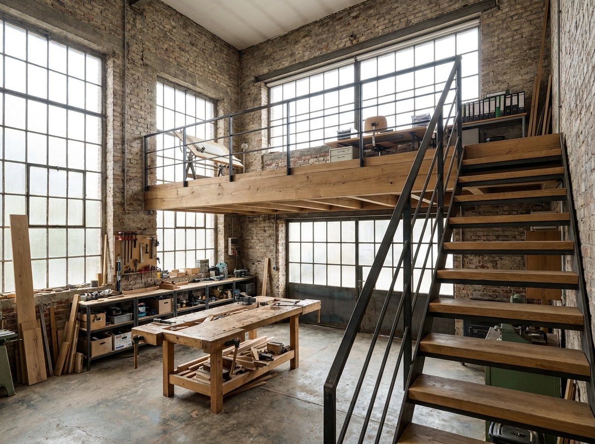 Atelier réaménagé avec une mezzanine en bois brut et garde-corps en acier, offrant un espace bureau en hauteur et un plan de travail en dessous