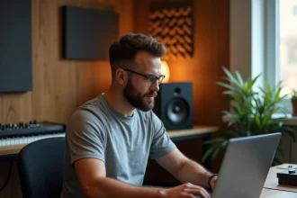 Musicien consultant des avis clients sur le site Thomann depuis son home studio