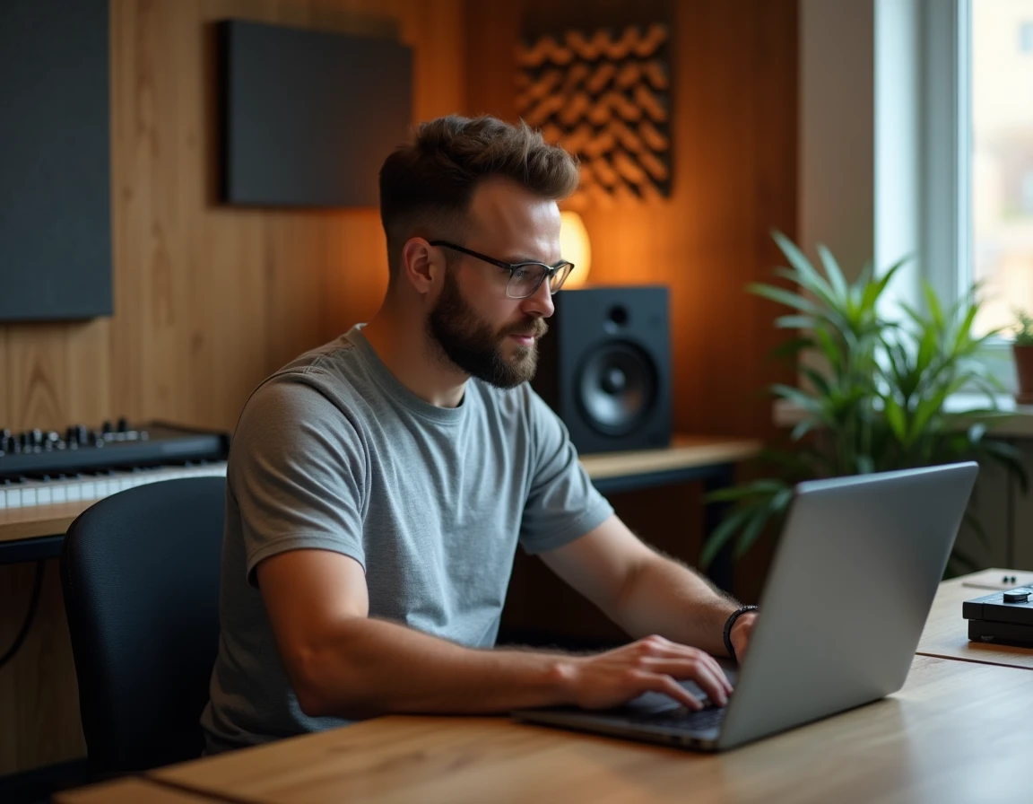 Musicien consultant des avis clients sur le site Thomann depuis son home studio
