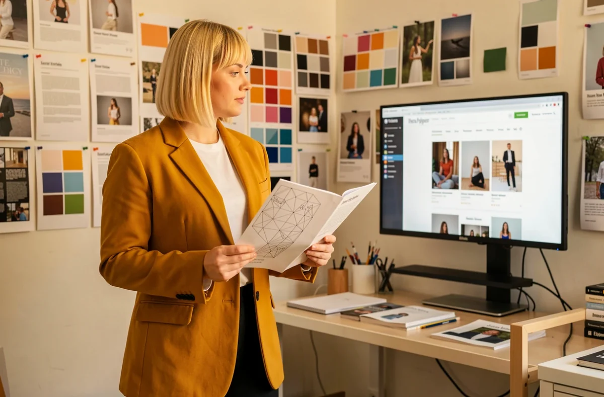 Directrice créative de My Creative Agency présentant un projet de site e-commerce dans son studio en Isère