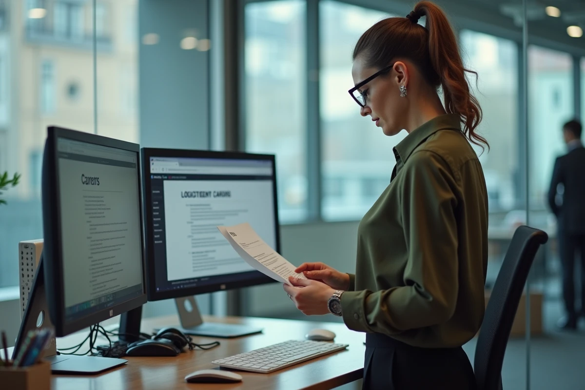 Femme cadre consultant son CV et une offre d'emploi en logistique sur un site carrière type Kuenel Nagel dans un bureau moderne