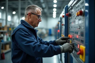 Opérateur CNC homme en atelier industriel concentré