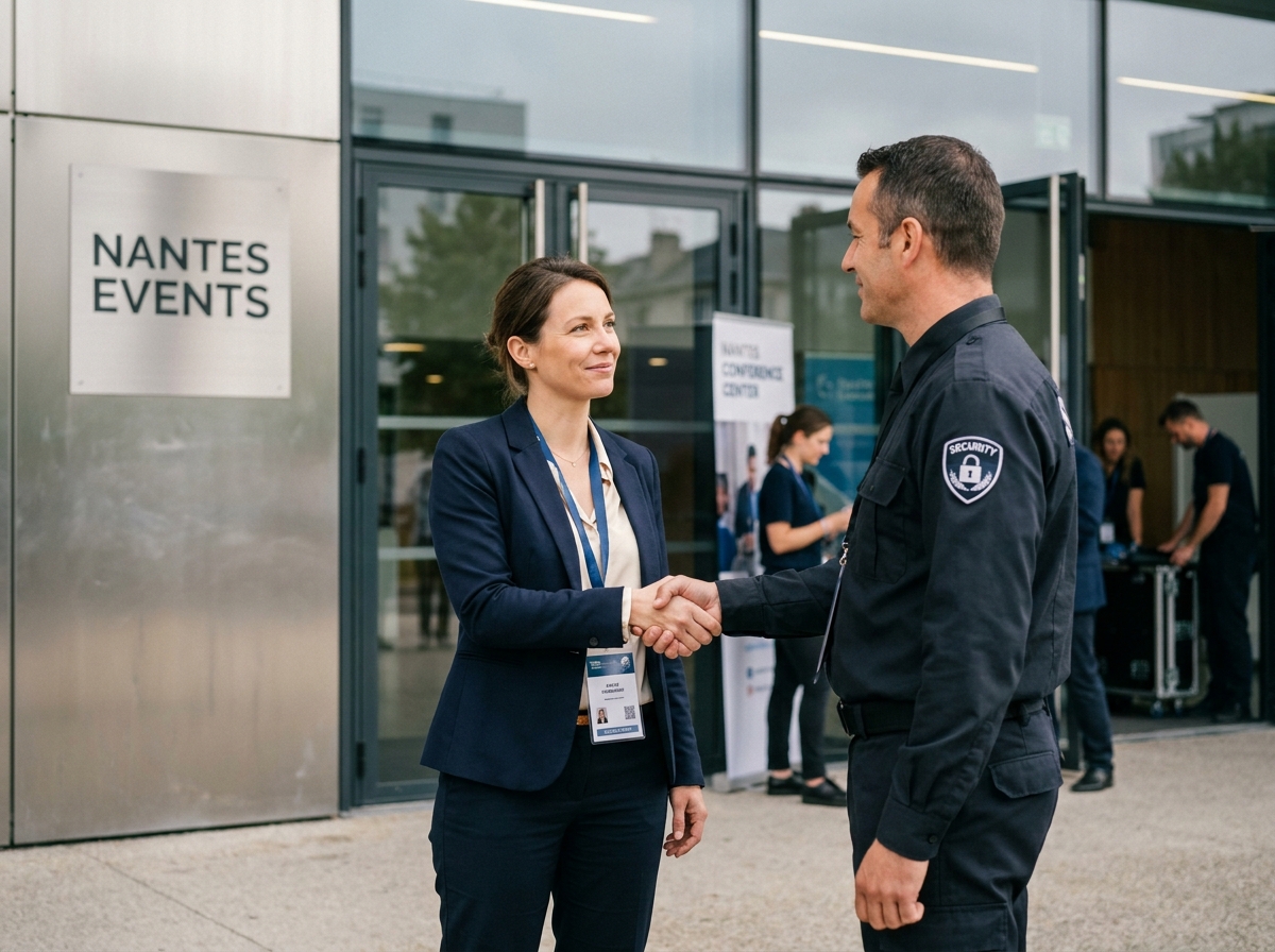 Organisatrice d'événement et responsable de sécurité se serrant la main devant un lieu de réception à Nantes