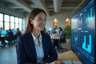 Professionnelle utilisant des outils IA marketing sur un tableau de bord numérique pour scaler ses ventes